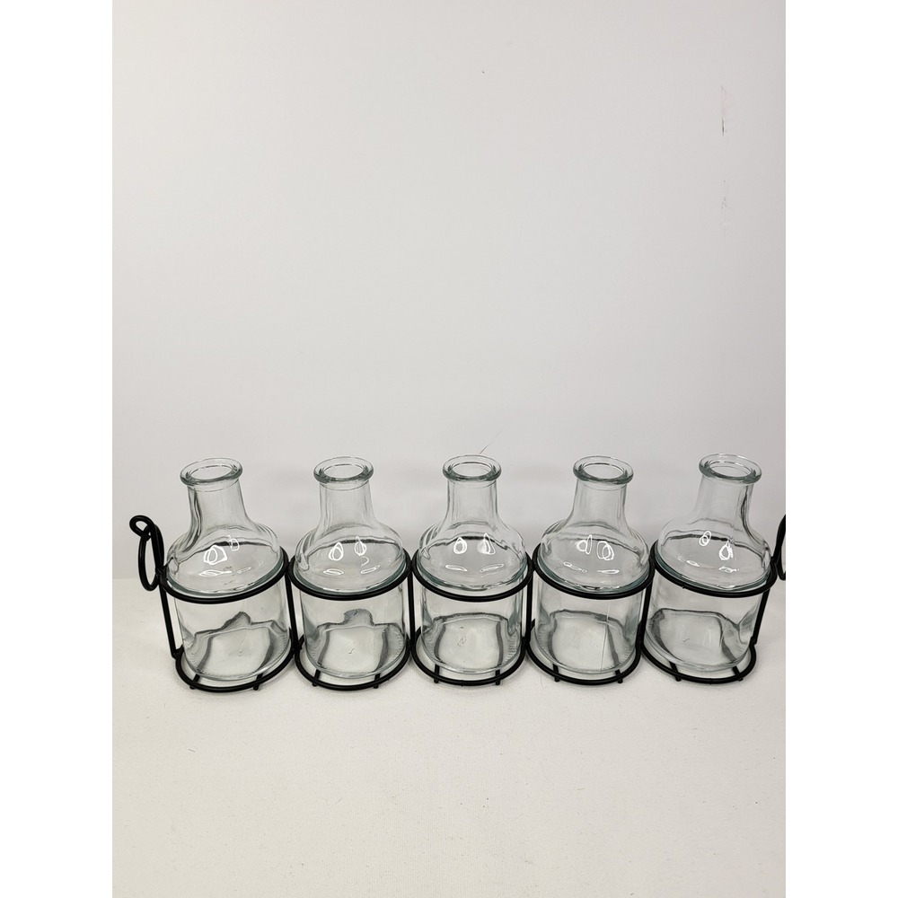 5 Piece Glass Bud Vase Set with Black Metal Wire Rack Caddy Farmhouse Decor